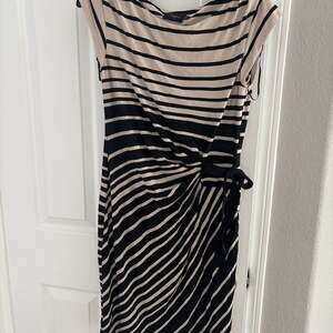 Just Taylor Black and Cream Striped Sheath Dress